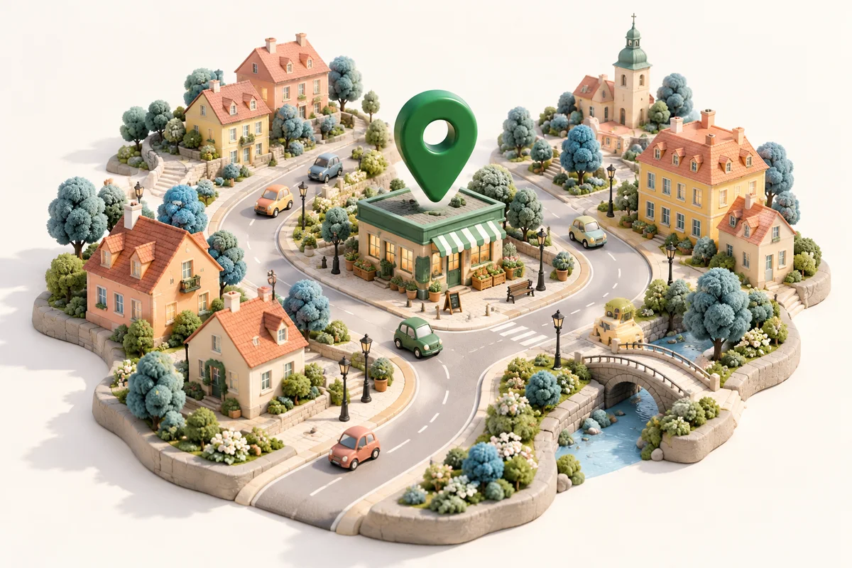 Miniaturowe miasto z lokalną firmą wyróżnioną zielonym znacznikiem na mapie