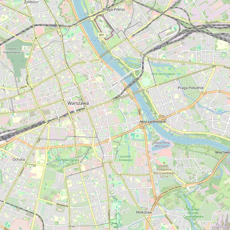 Mapa centrum Warszawy z ilustracyjną siatką pomiarów widoczności
